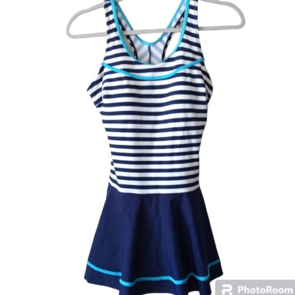 Vintage style Blue White Striped Swim Dress M - Picture 2 of 10